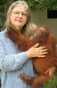 Birute Galdikas y orangutan Max